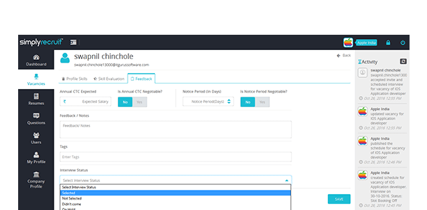 Capture candidate feedback online