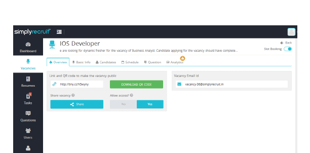 Set the slot booking ON. SimplyRecruit<sup>®</sup> will send out interview invite email to the shortlisted candidates with a link to book the interview slot
