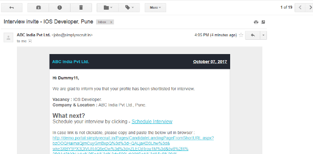 Set the slot booking ON. SimplyRecruit<sup>®</sup> will send out interview invite email to the shortlisted candidates with a link to book the interview slot